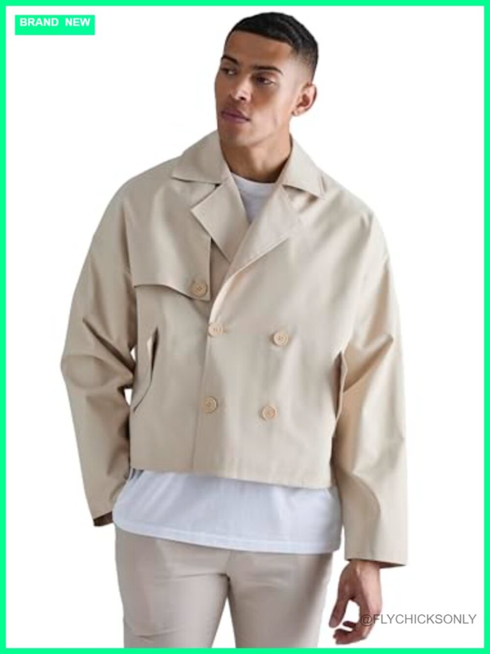 Cropped Double Breasted Trench Coat Long Sleeve Button Notch Collar